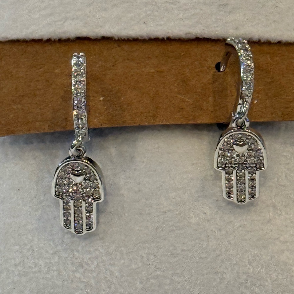 Stainless Steel CZ Hamsa Hoop Earrings Silver-Tone Dangle Protection Charms NWT - Picture 4 of 8